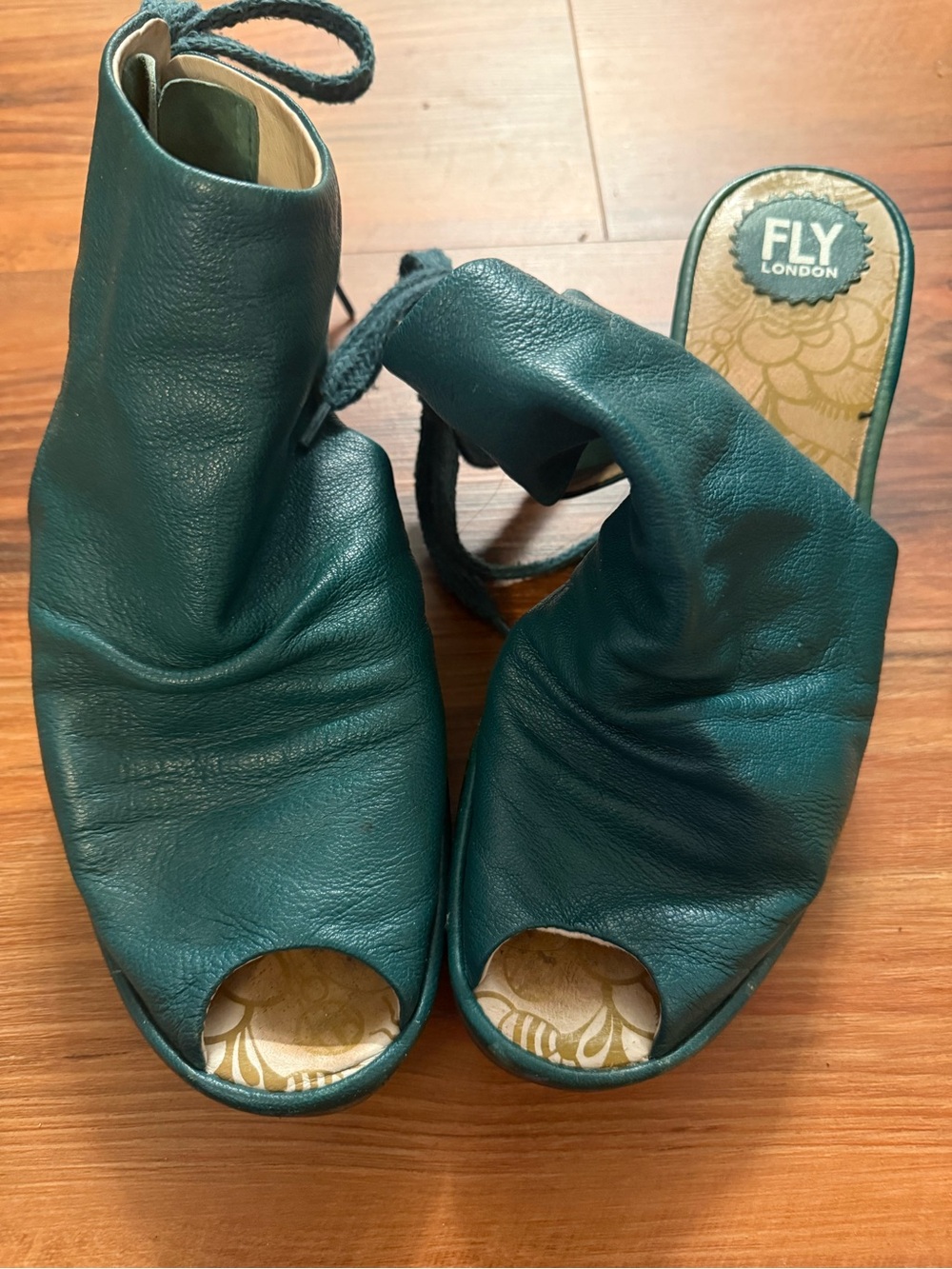 Fly London Teal Leather Peep-Toe Slingback Mules size 42